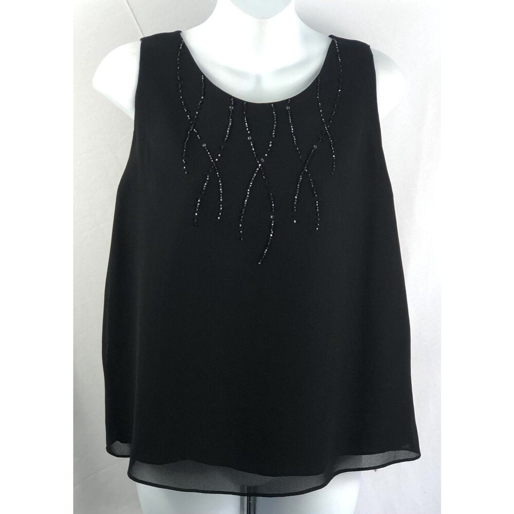 Vintage Boutique Flowy Chiffon Top XL Black Beaded Sleeveless Whimsigoth Fairy